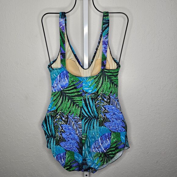 Maxine Of Hollywood One Piece‎ Swimsuit Blue Green Tropical Leaf Print Size 18 - Picture 5 of 5